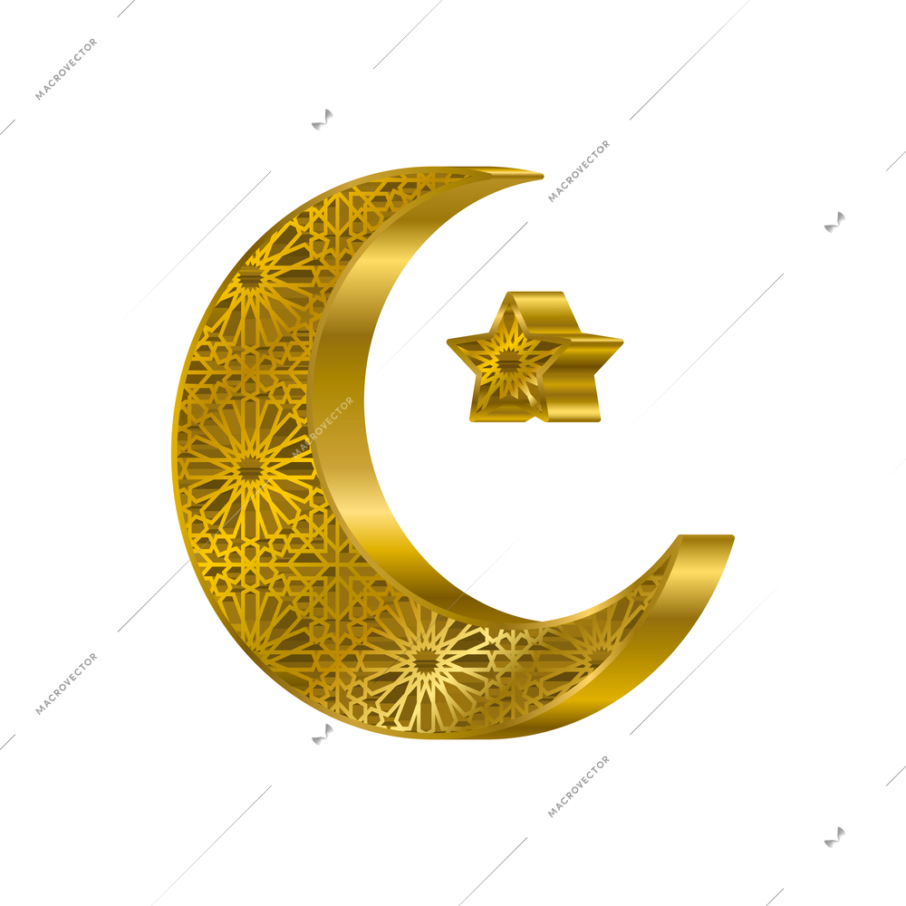 Ramadan kareem realistic symbols with shiny golden crescent moon and star 3d vector illustration