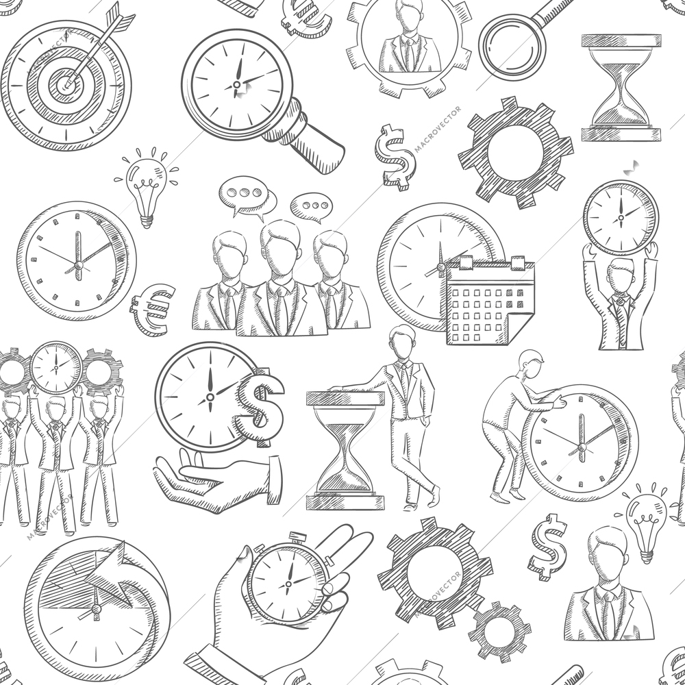 Time management seamless pattern with sketch planning strategy elements vector illustration