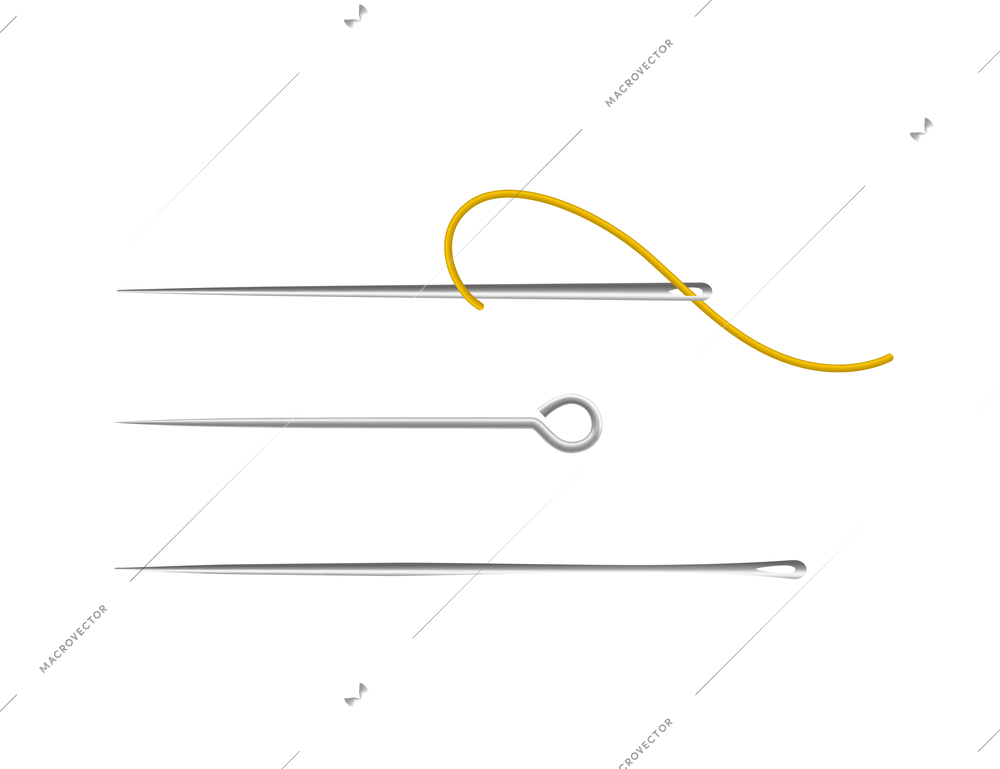Silver sewing needles with eyes of different shape and size with thread realistic isolated vector illustration