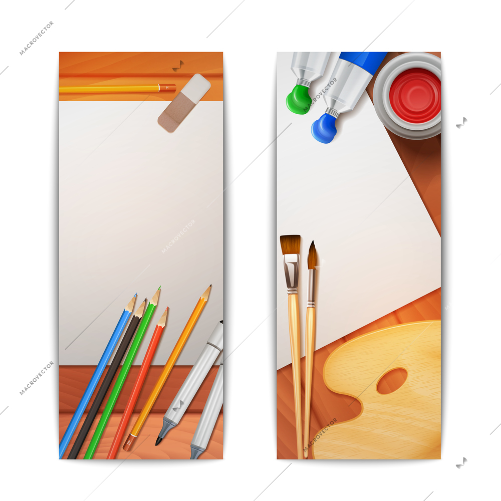 Drawing banners vertical set with painter tools and paper on wooden background isolated vector illustration