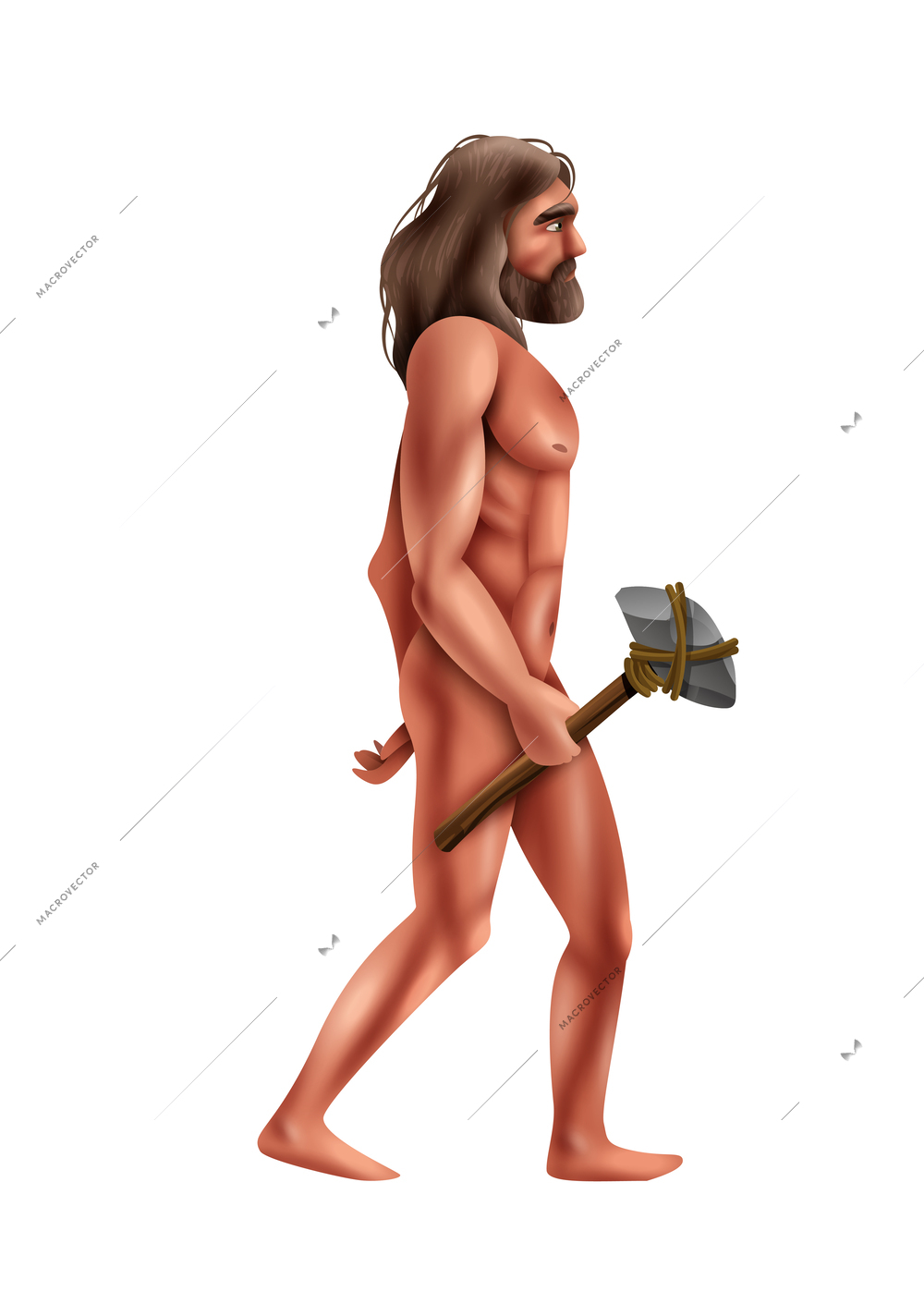 Realistic homo sapiens with stone hatchet vector illustration