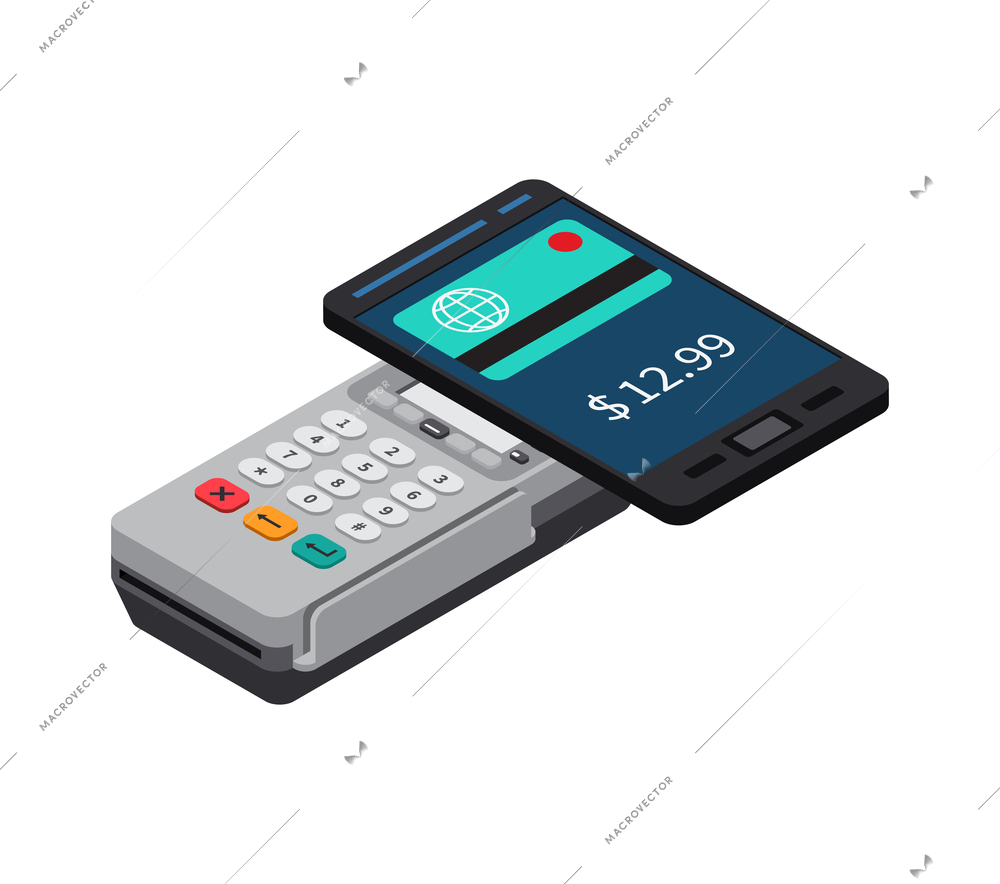 Financial technology contactless payment isometric icon with pos terminal and smartphone 3d vector illustration