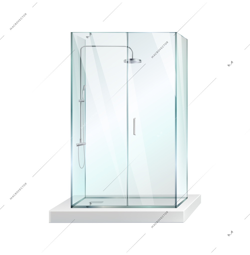 Realistic moden clean glass shower cabin on white background vector illustration