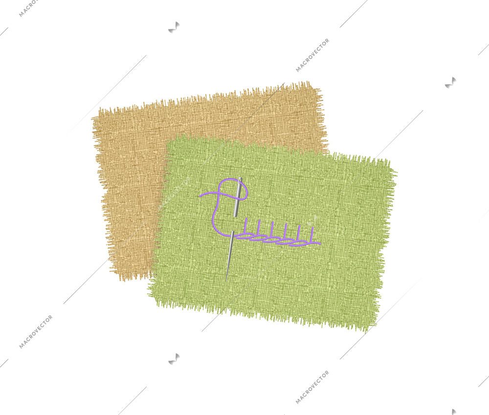 Stitch with violet thread on fabric samples realistic vector illustration