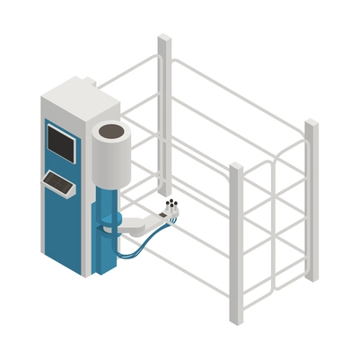 Dairy production milk factory isometric icon with milking system and empty enclosure for cow vector illustration