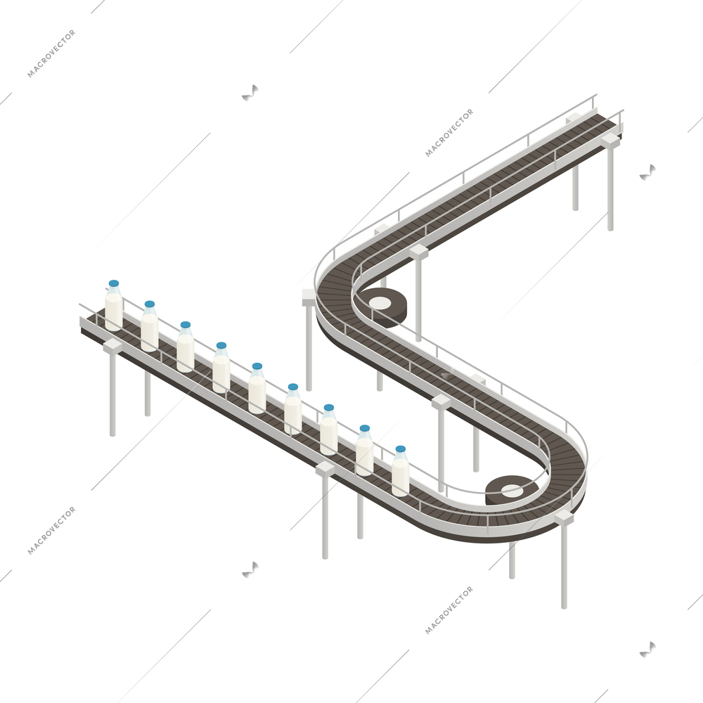 Dairy production isometric icon with bottles of milk on conveyor line vector illustration