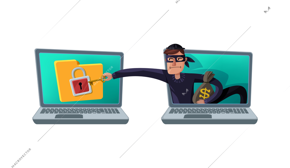 Internet security hacker flat concept with cyber criminal stealing personal data vector illustration