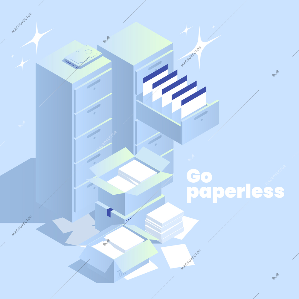 Go paperless isometric concept with stacks of papers and documents in folders 3d vector illustration