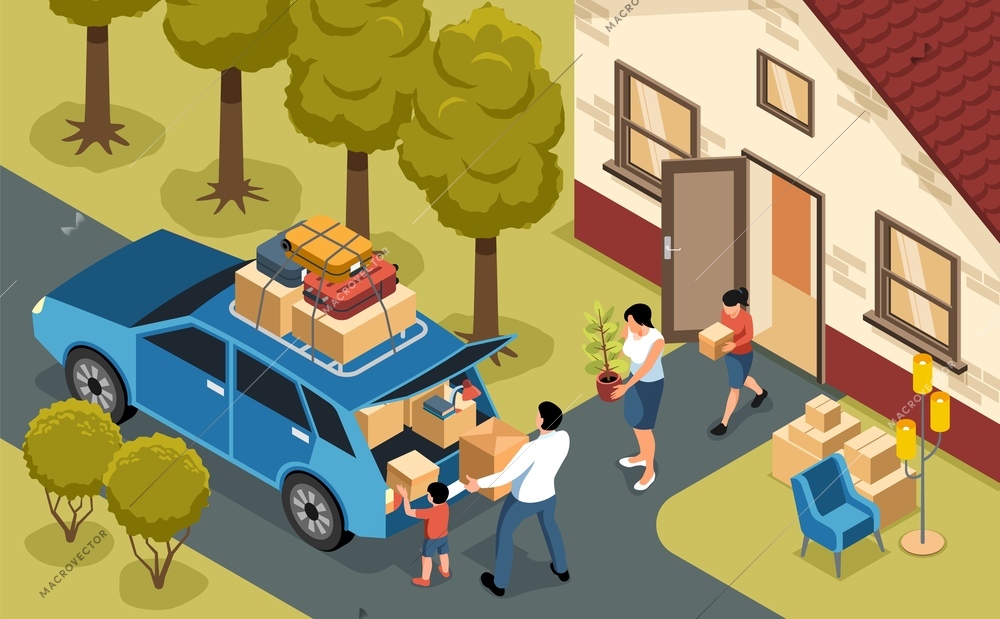 Family moving to new house loading boxes and furniture into car 3d isometric vector illustration