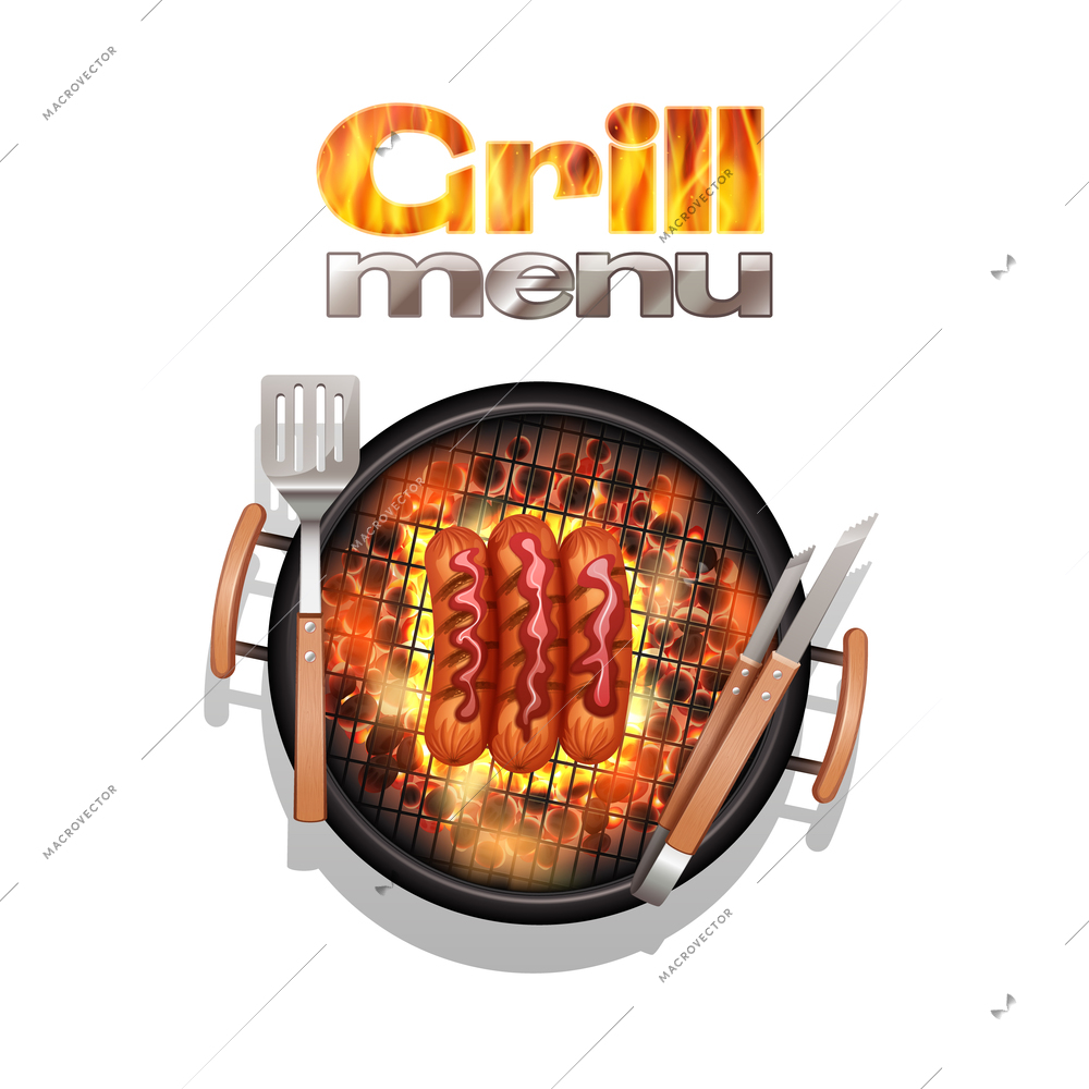 Grill menu design concept with realistic sausages cooking on bbq vector illustration