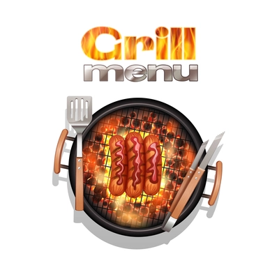 Grill menu design concept with realistic sausages cooking on bbq vector illustration