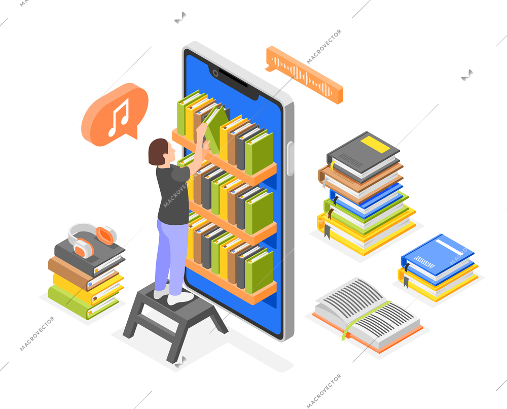 Audio books isometric composition with character of female librarian with book shelves inside smartphone screen frame vector illustration