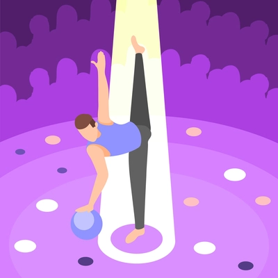 Gymnastics isometric background composition with athlete holding ball in light ray with silhouettes of audience heads vector illustration