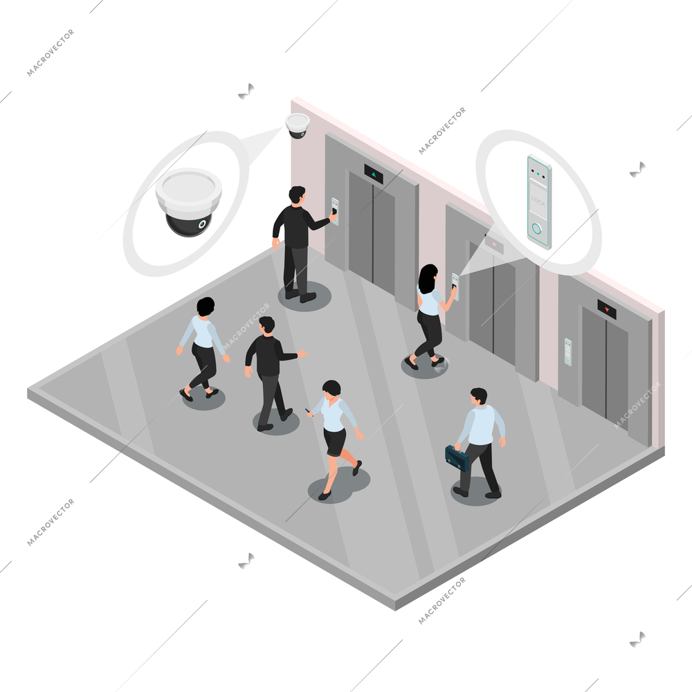 Access control system isometric composition with isolated view of workers in elevator lobby with cctv cameras vector illustration