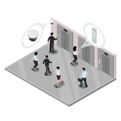 Access control system isometric composition with isolated view of workers in elevator lobby with cctv cameras vector illustration