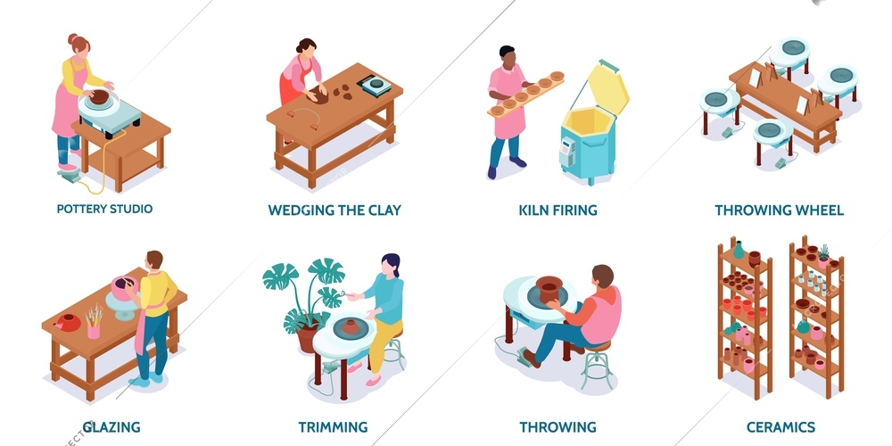 Isometric pottery composition set wedging the clay kiln firing throwing wheel glazing trimming and ceramics descriptions vector illustration