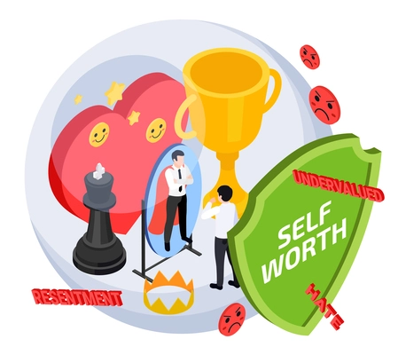 Self esteem improvement isometric composition with conceptual icons of heart trophy cup crown with business workers vector illustration