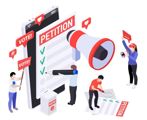 Politicians lawmakers isometric composition with small human characters of candidate supporters signing petition calling to vote vector illustration