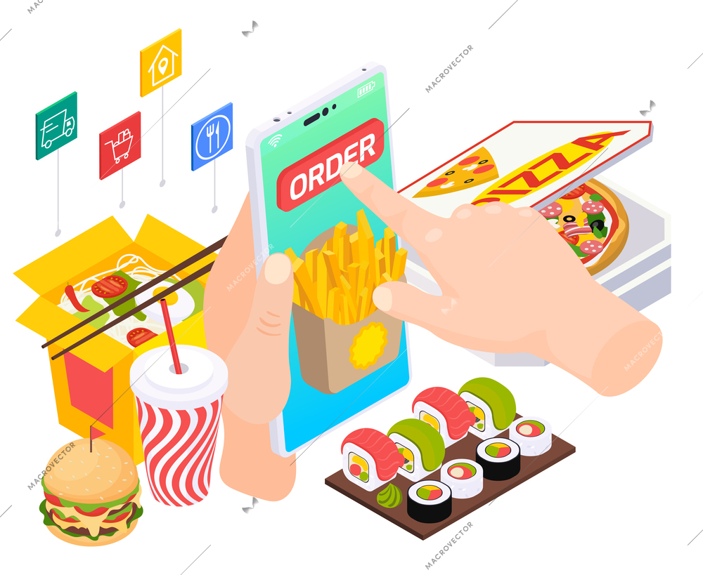 Online takeaway food order delivery service isometric composition with smartphone in hands and junk food meals vector illustration