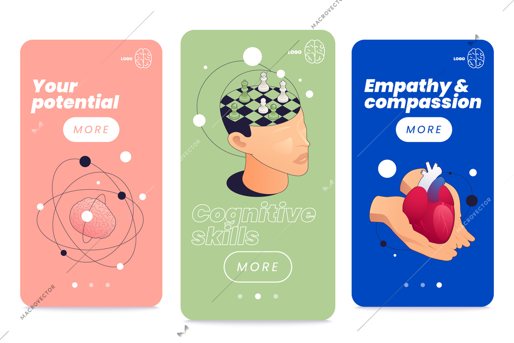 Emotional intelligence thinking mental concepts isometric set of vertical banners with molecule heart and head images vector illustration