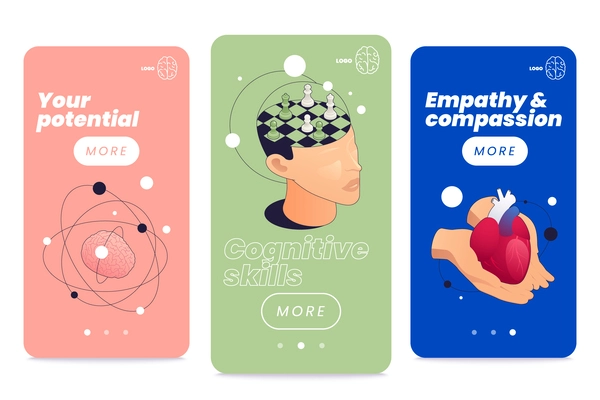 Emotional intelligence thinking mental concepts isometric set of vertical banners with molecule heart and head images vector illustration