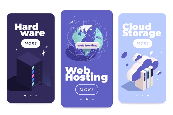 Set of three vertical web hosting mobile app banners with isometric icons of network infrastructure elements vector illustration