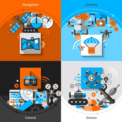 Drone design concept set with navigation delivery and control flat icons isolated vector illustration