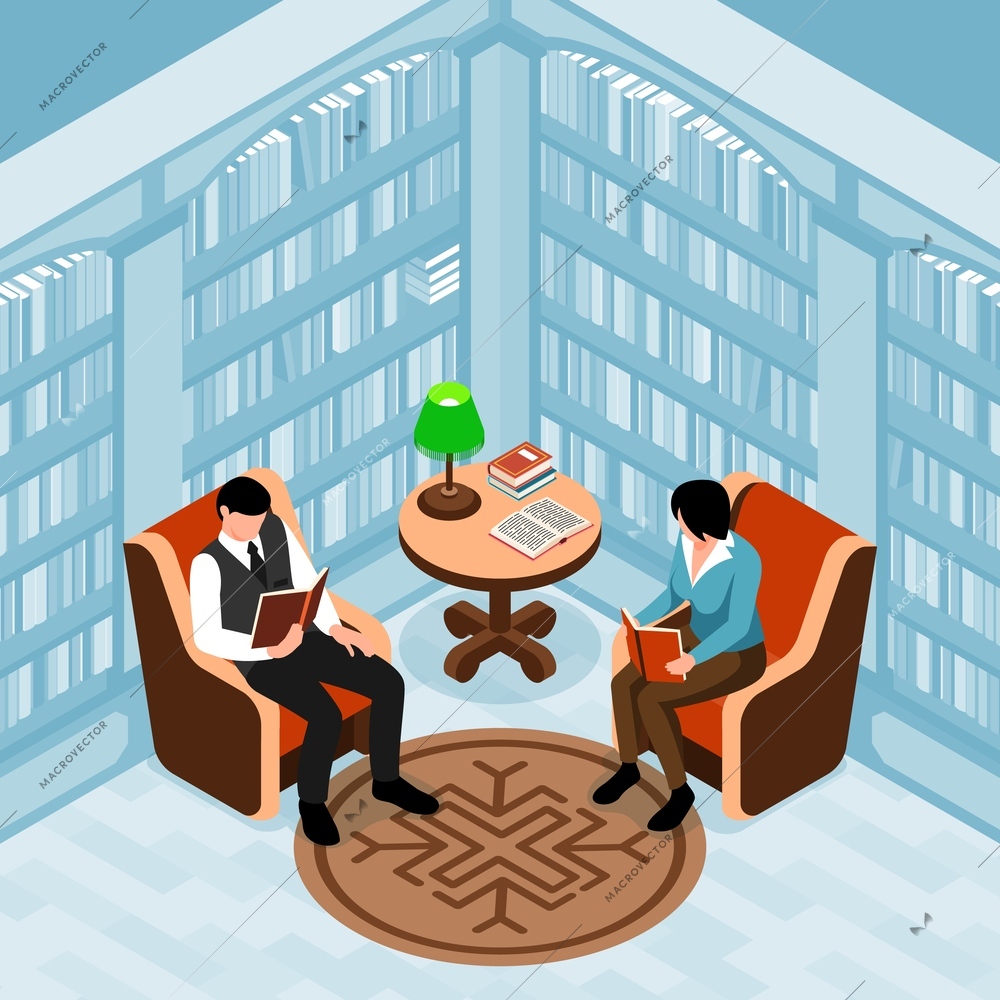 Book reading concept with man and woman in old fashioned library isometric vector illustration