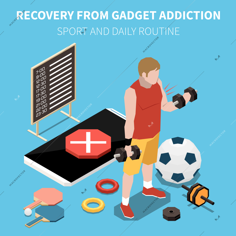 Gadget addiction isometric concept with mobile phone restriction symbols vector illustration