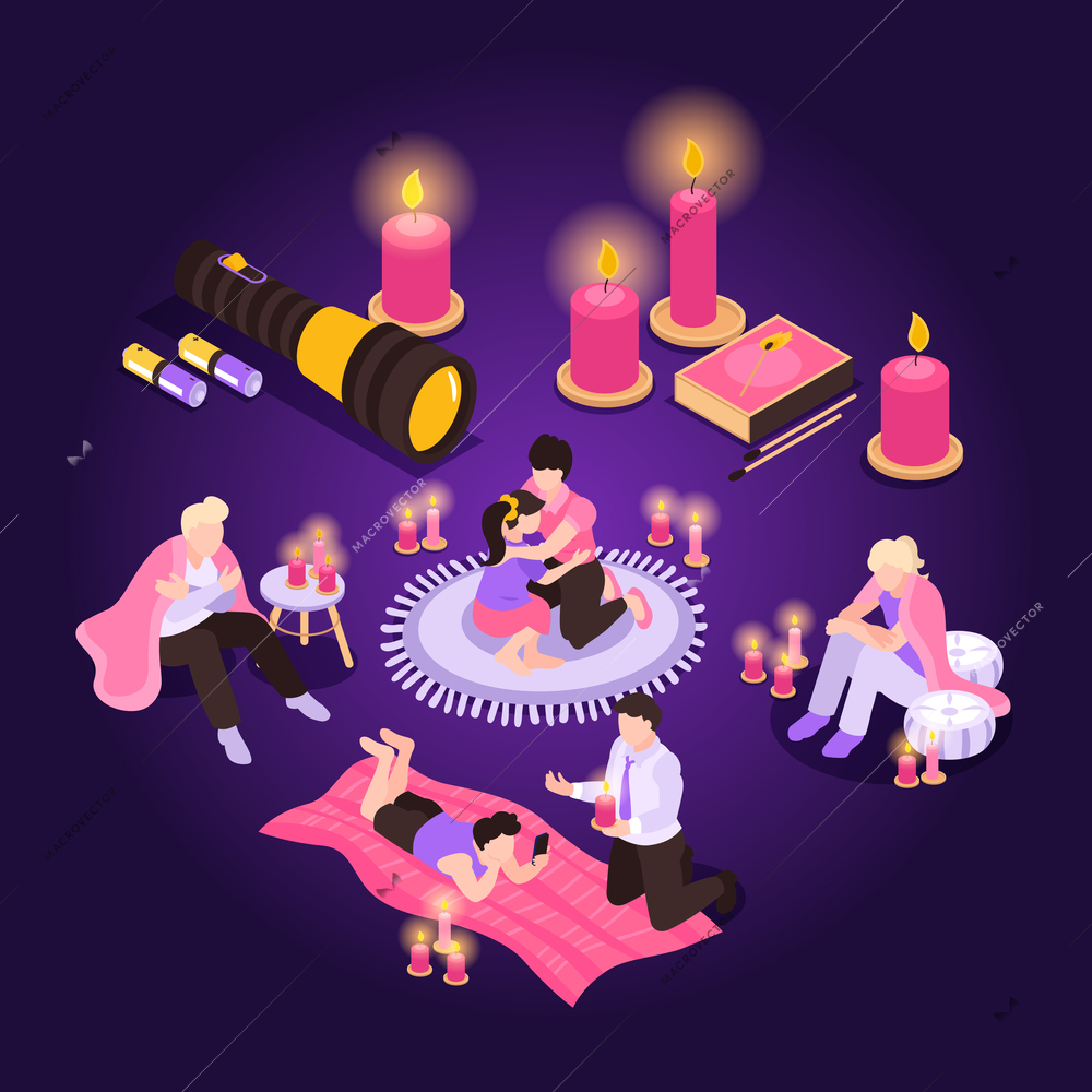 Isometric power outage composition with isolated icons of burning candles and human characters of relaxing people vector illustration