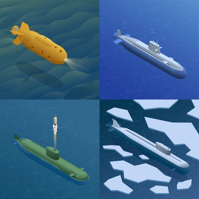 Set with four square compositions of isometric submarines floating in high seas launching rockets crushing ice vector illustration