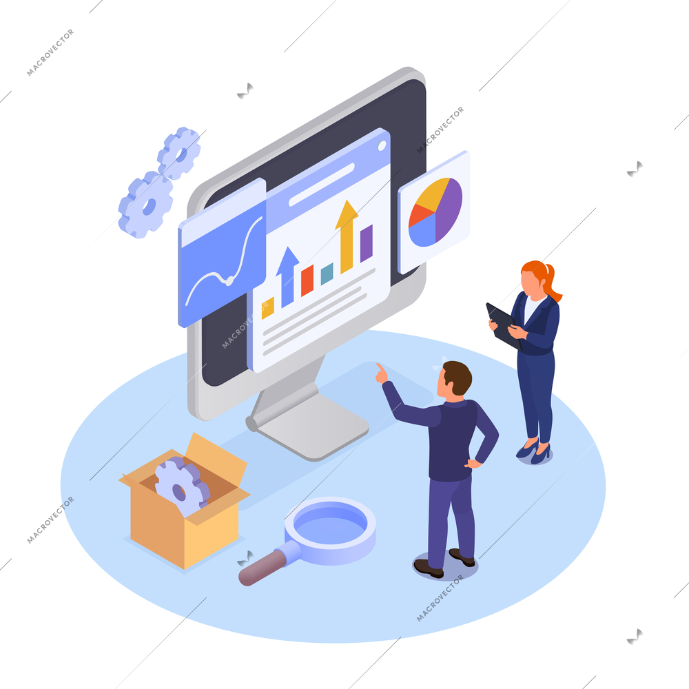 Seo search engine optimization isometric composition with view of desktop computer charts gears and human characters vector illustration