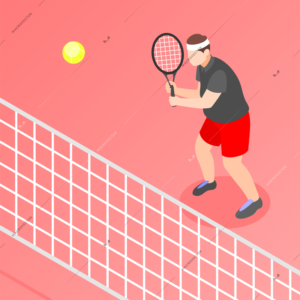 Overweight man with racket playing tennis isometric background vector illustration