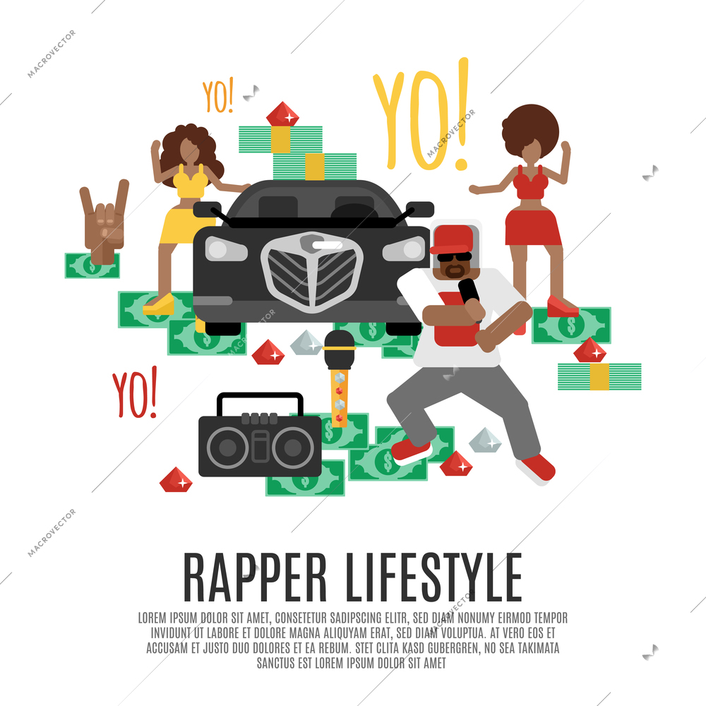 Rap music concept with rapper lifestyle accessories flat icons set vector illustration