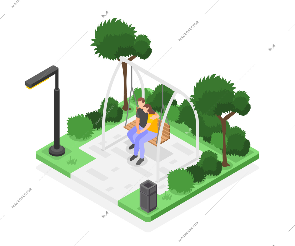 Couple hugging on swing in city park isometric composition vector illustration