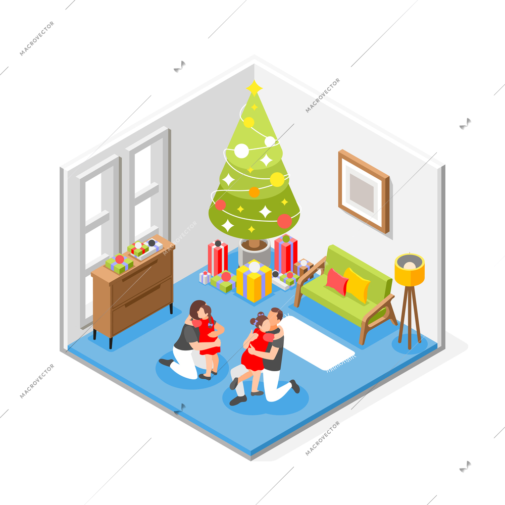 Hugs day concept isometric composition with daughters hugging their parents on new years eve in decorated room 3d vector illustration