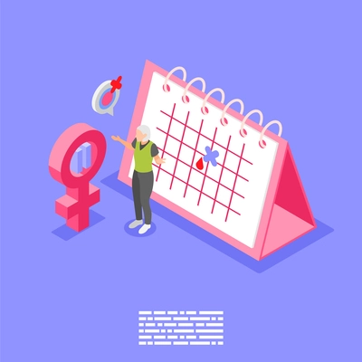 Isometric menopause symptoms irregular menstrual cycle background with female calendar and woman 3d vector illustration