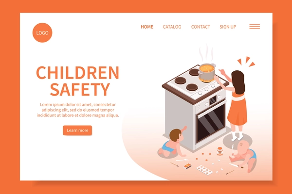 Children safety web site landing page illustrated by scene with kids left unattended isometric vector illustration