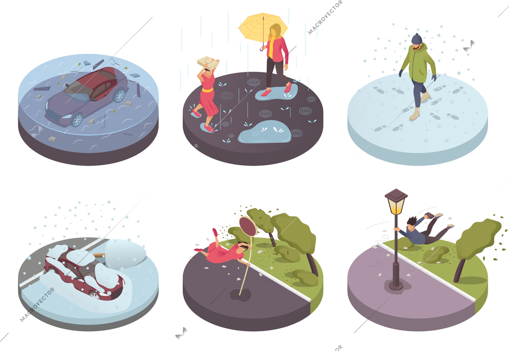 Bad weather isometric compositions with people in extreme situations because of tornado snow tsunami rain isolated vector illustration