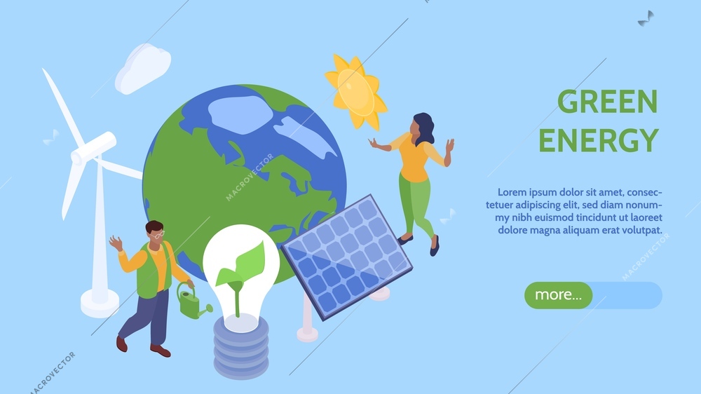 Isolated green energy horizontal banner with more button editable text and conceptual images of alternative power vector illustration