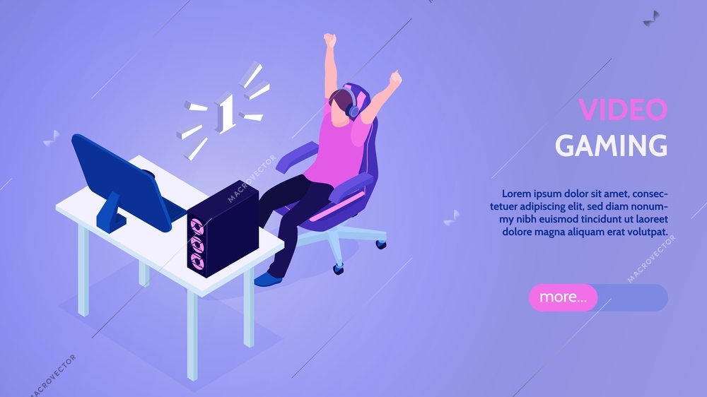 Isometric gamers horizontal banner with editable text slider more button and happy gamer cyber sports winner vector illustration