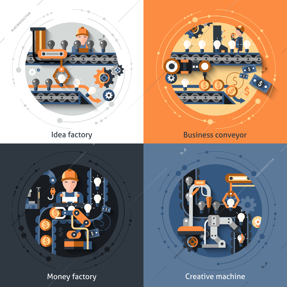 Business conveyor design concept set with idea money factory creative machine flat icons isolated vector illustration