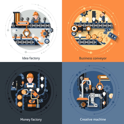 Business conveyor design concept set with idea money factory creative machine flat icons isolated vector illustration