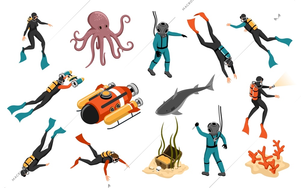 Diving isometric icons cartoon set of people in diving suits with scuba and underwater inhabitants isolated vector illustration