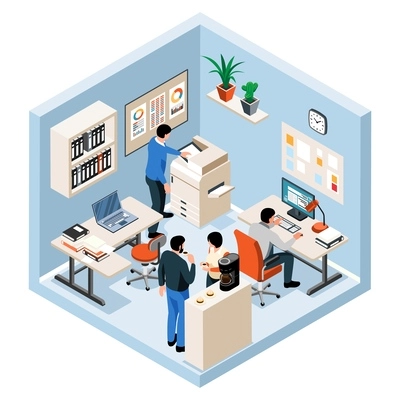 People working together on project in office room isometric colored object on white background isolated vector illustration