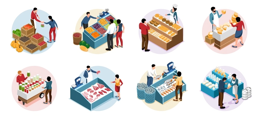 Local farm market isometric round compositions with buyers and sellers behind counters with fresh food vector illustration