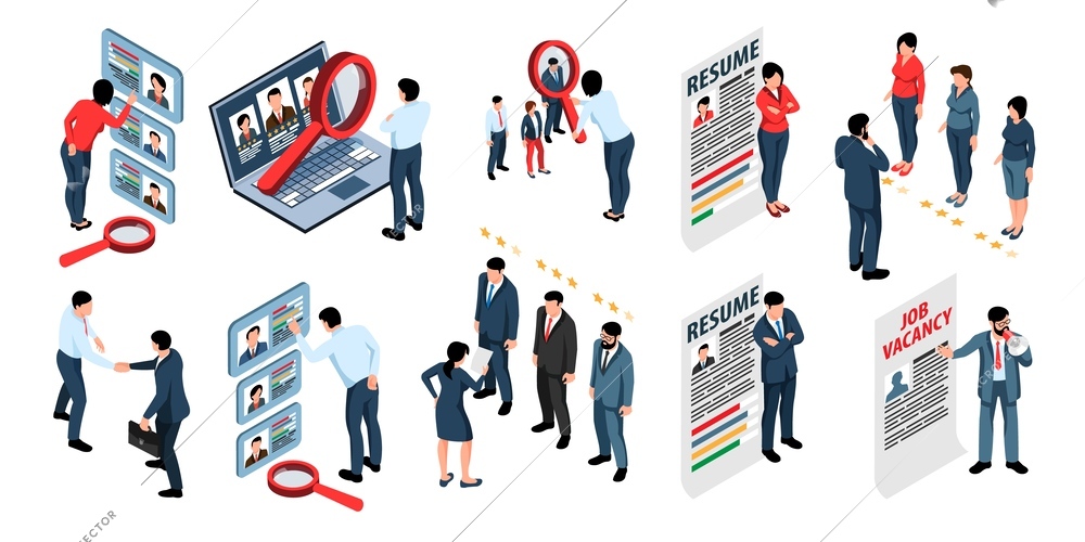 Recruiting isometric icons set with managers making choice of applicants when applying for job isolated vector illustration