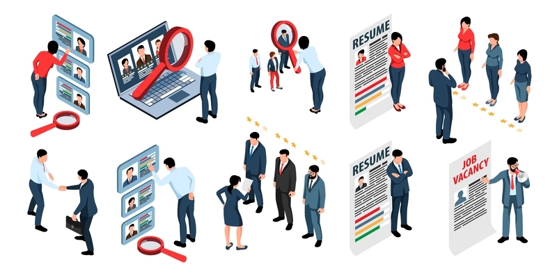 Recruiting isometric icons set with managers making choice of applicants when applying for job isolated vector illustration