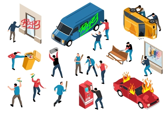 Vandals and hooligans isometric set of aggressive people crushing atm park bench glass showcase setting fire to car isolated vector illustration