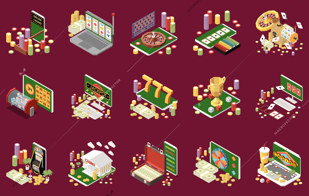 Online lottery gambling casino isometric set of compositions with icons of gadgets roulettes trophies and chips vector illustration